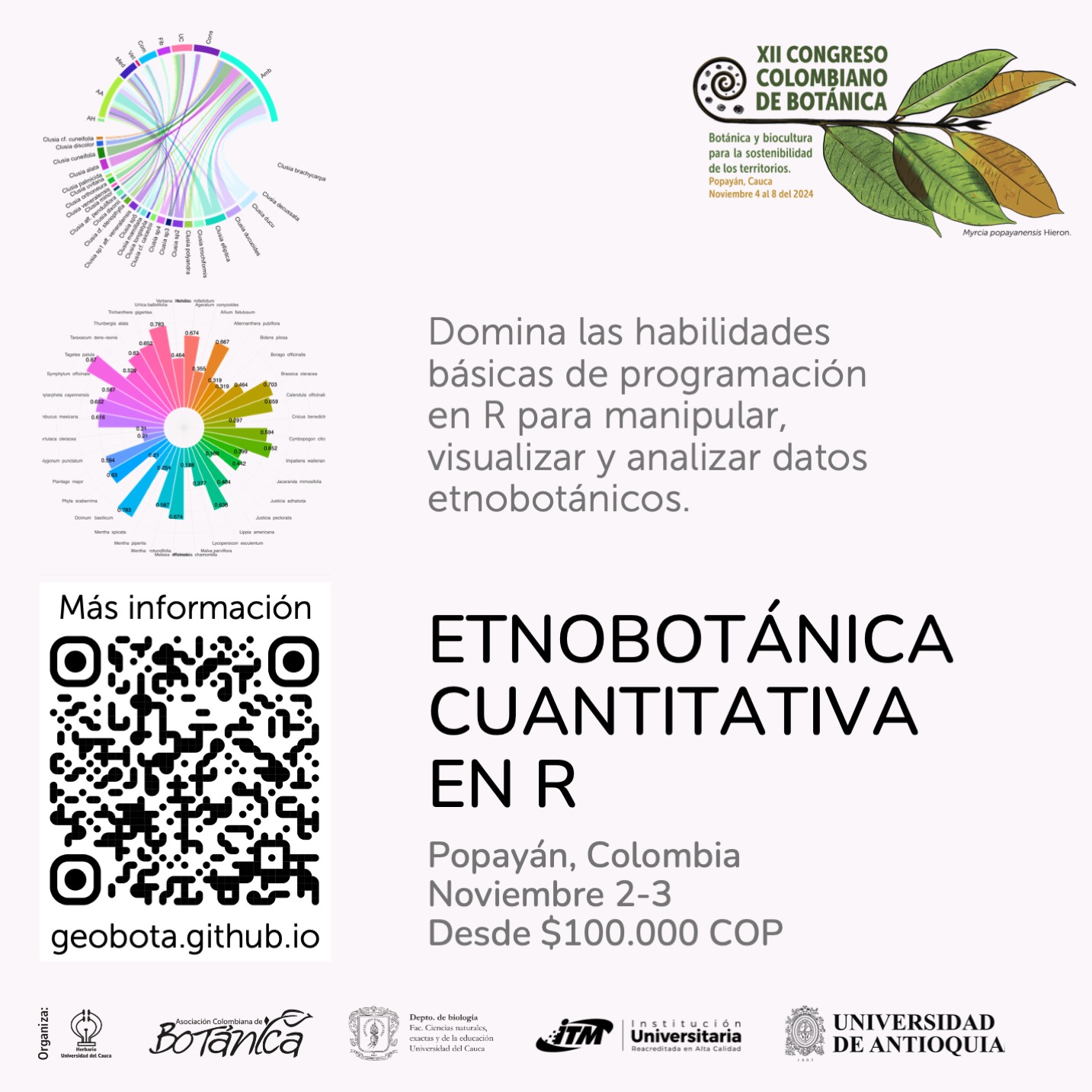 Imagen promocional del curso «Etnobotánica Cuantitativa en R» que se llevará a cabo los días 2 y 3 de noviembre en Popayán, Colombia, como parte del XII Congreso Colombiano de Botánica. La imagen incluye gráficos de datos etnobotánicos, un código QR para más información y los logos de las instituciones organizadoras.