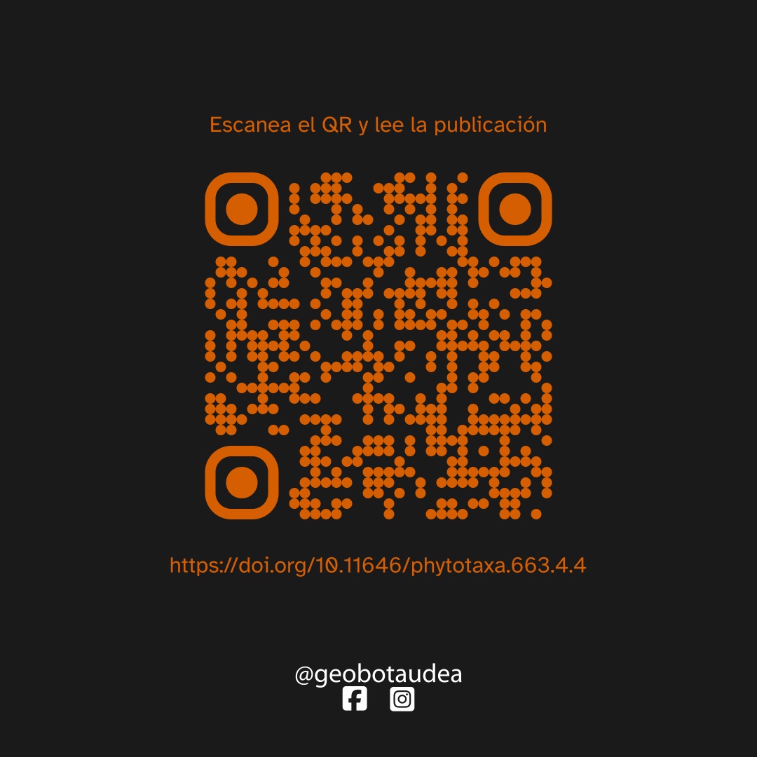 La imagen tiene un fondo negro. En la parte superior aparece en blanco el texto «Escanea el QR y lee la publicación». En el centro aparece un código QR de color rojo. En la parte inferior aparecen en rojo el doi del artículo y en blanco los logotipos de Facebook e Instagram de @geobotaudea.