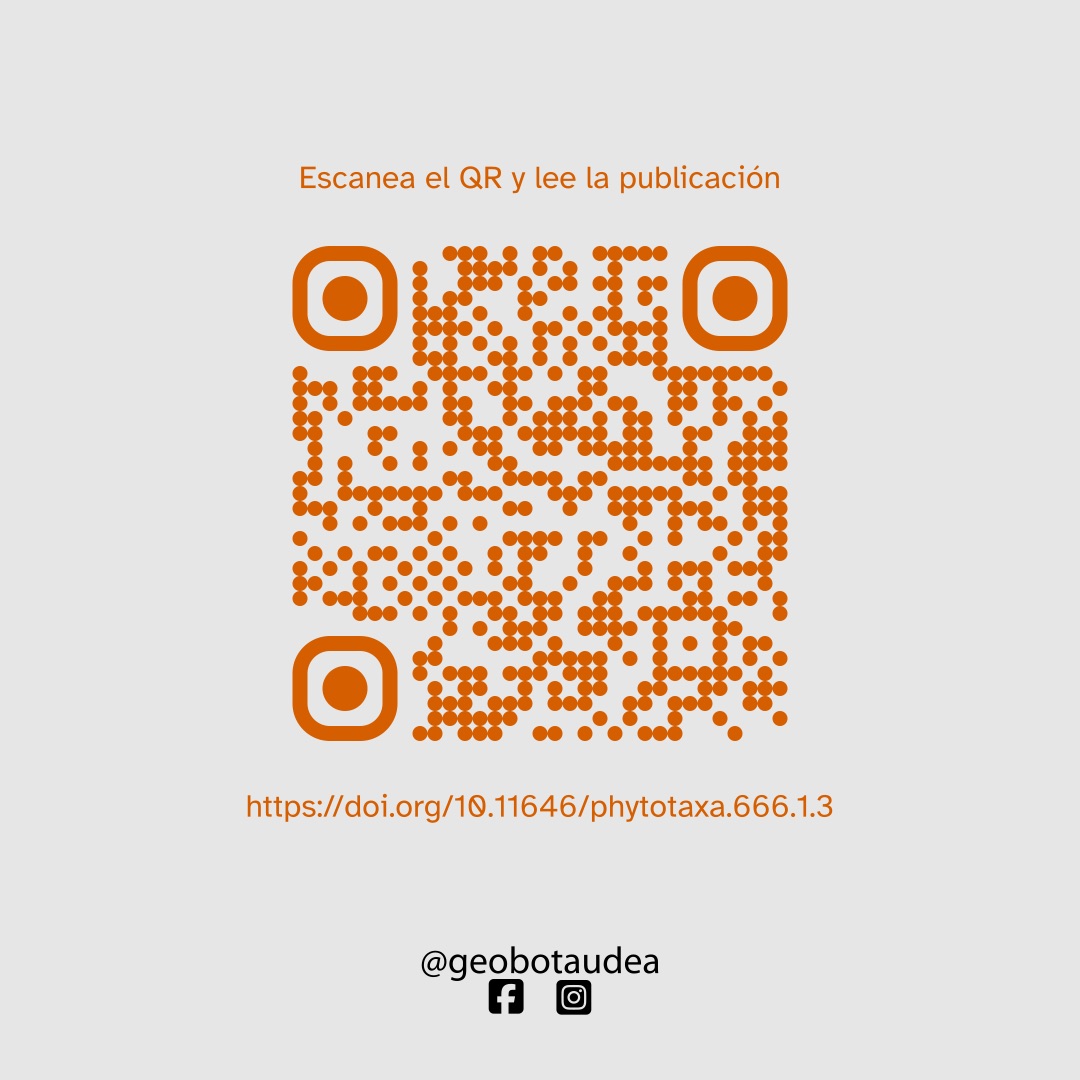 Imagen con fondo claro. En la parte superior aparece en rojo el texto «Escanea el QR y lee la publicación». En el centro aparece un código QR de color rojo. En la parte inferior aparecen en rojo el doi del artículo https://doi.org/10.11646/phytotaxa.666.1.3 y en negro los logotipos de Facebook e Instagram de @geobotaudea.