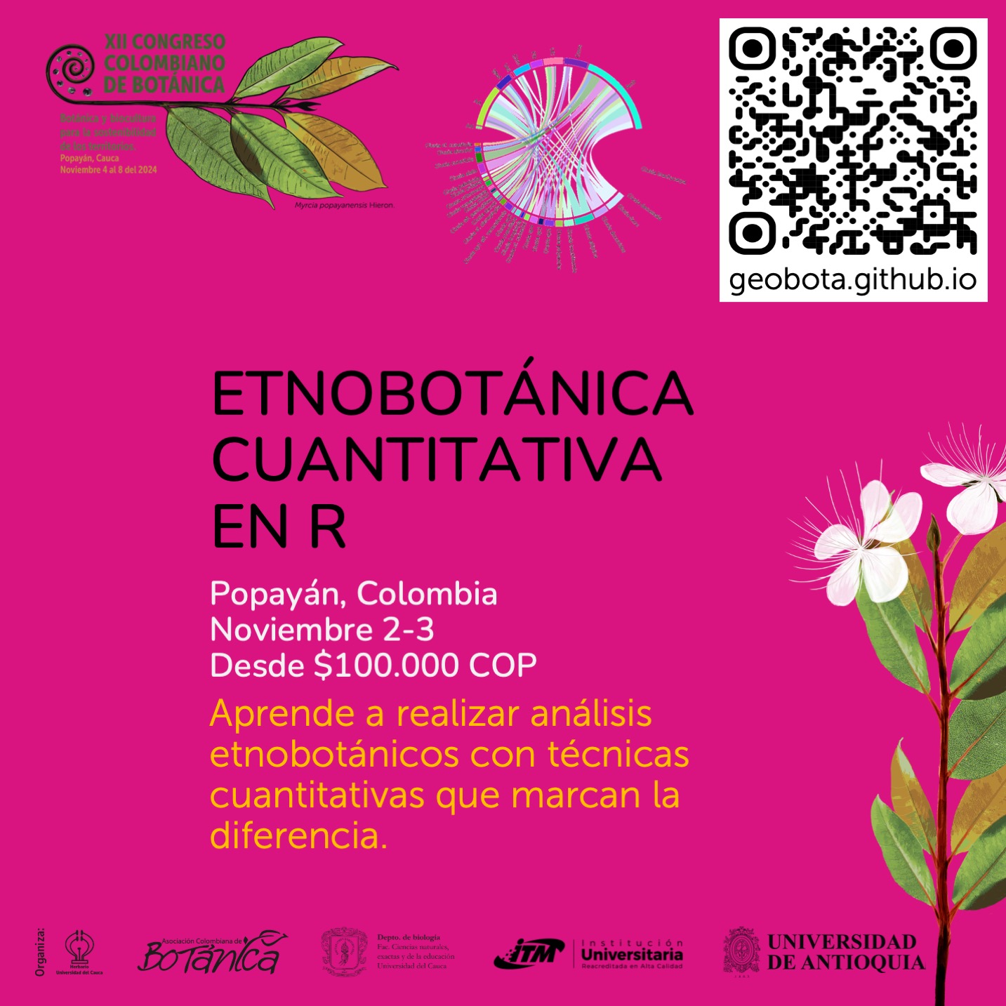 Afiche promocional del curso «Etnobotánica Cuantitativa en R» en el XII Congreso Colombiano de Botánica. En la parte superior aparece el logro del congreso, un gráfico circular y un código QR que enlaza a «geobota.github.io». En el centro aparece el texto: «ETNOBOTÁNICA CUANTITATIVA EN R. Popayán, Colombia. 2-3 de noviembre. Desde $100.000 COP. Aprende a realizar análisis etnobotánicos con técnicas cuantitativas que marcan la diferencia». En la parte inferior aparecen los logos de las instituciones organizadoras.