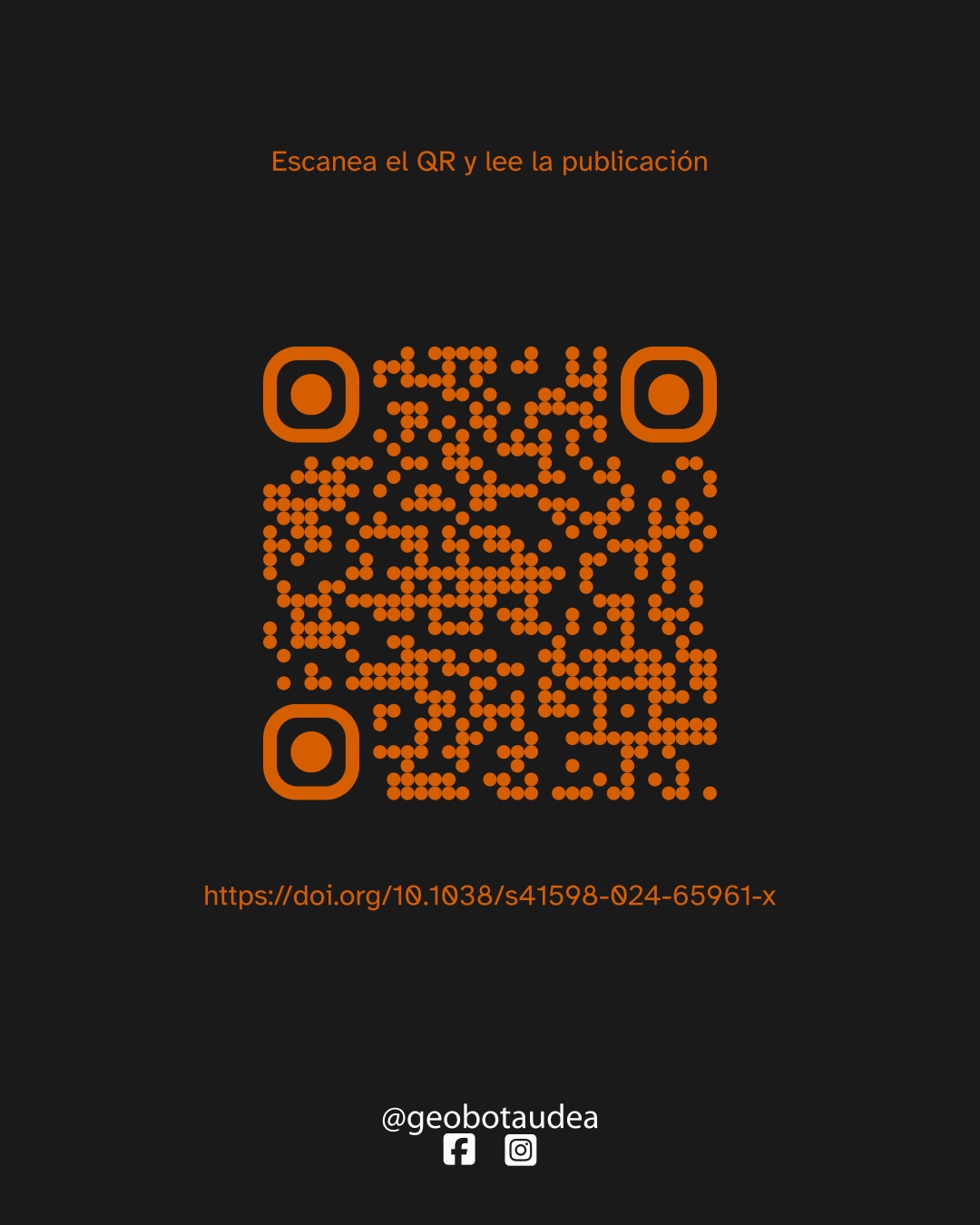 Imagen con fondo oscuro. En la parte superior aparece en rojo el texto «Escanea el QR y lee la publicación». En el centro aparece un código QR de color rojo. En la parte inferior aparecen en rojo el doi del artículo https://doi.org/10.1038/s41598-024-65961-x y en blanco los logotipos de Facebook e Instagram de @geobotaudea.